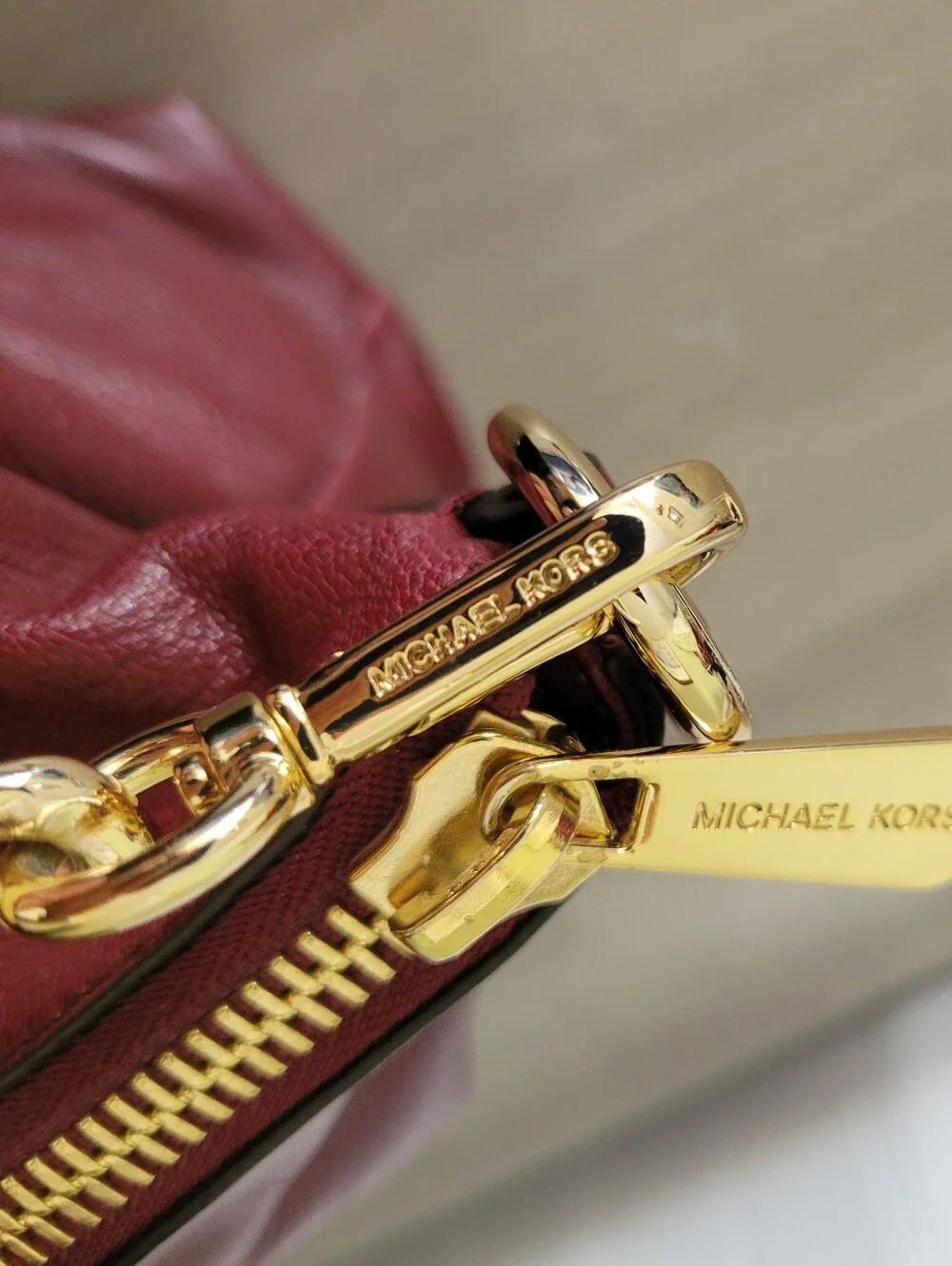 Michael Kors Leather Hamilton Satchel Bag in Burgundy with Gold Hardware